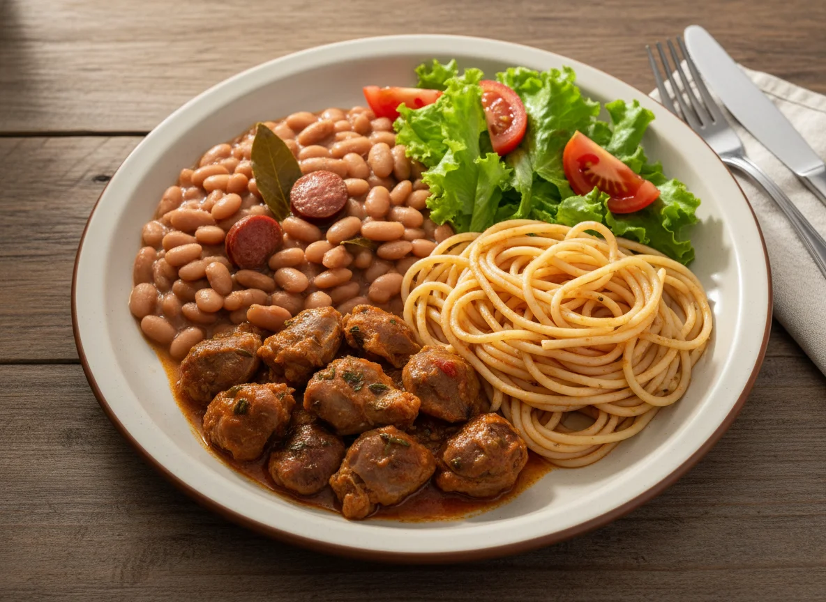 Prato feito com moela, feijão, macarrão e salada photo