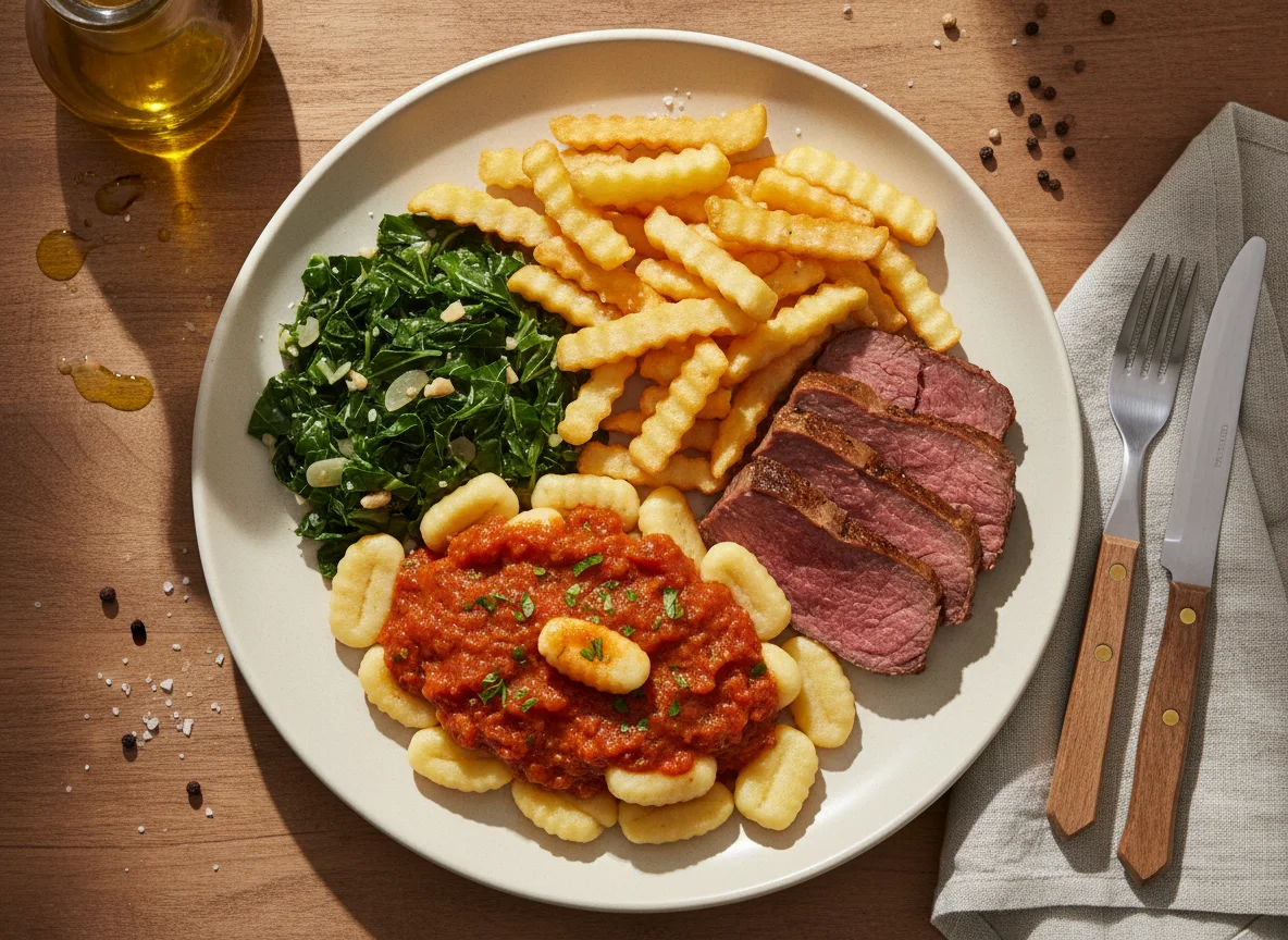 Prato feito com nhoque, carne, batata frita e couve photo