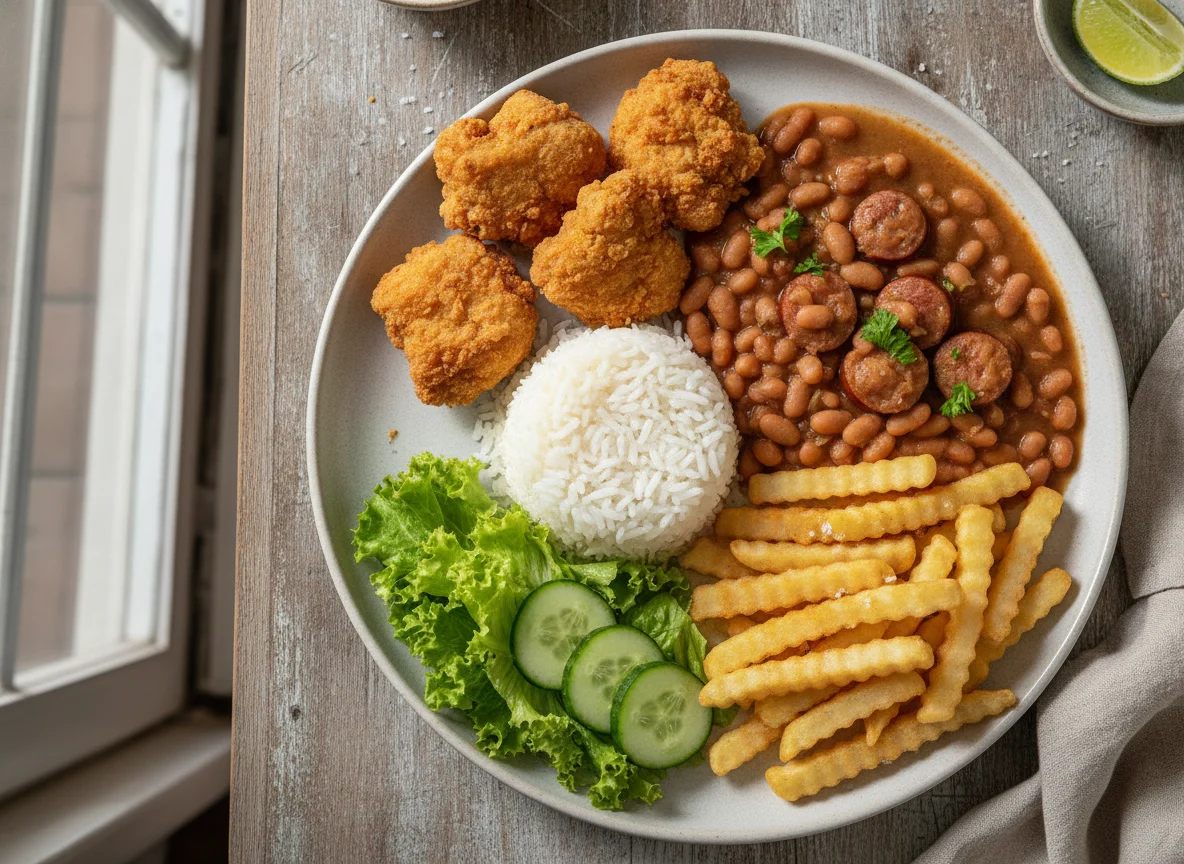 Prato Feito com Nuggets, Arroz, Feijão, Batata Frita e Salada photo