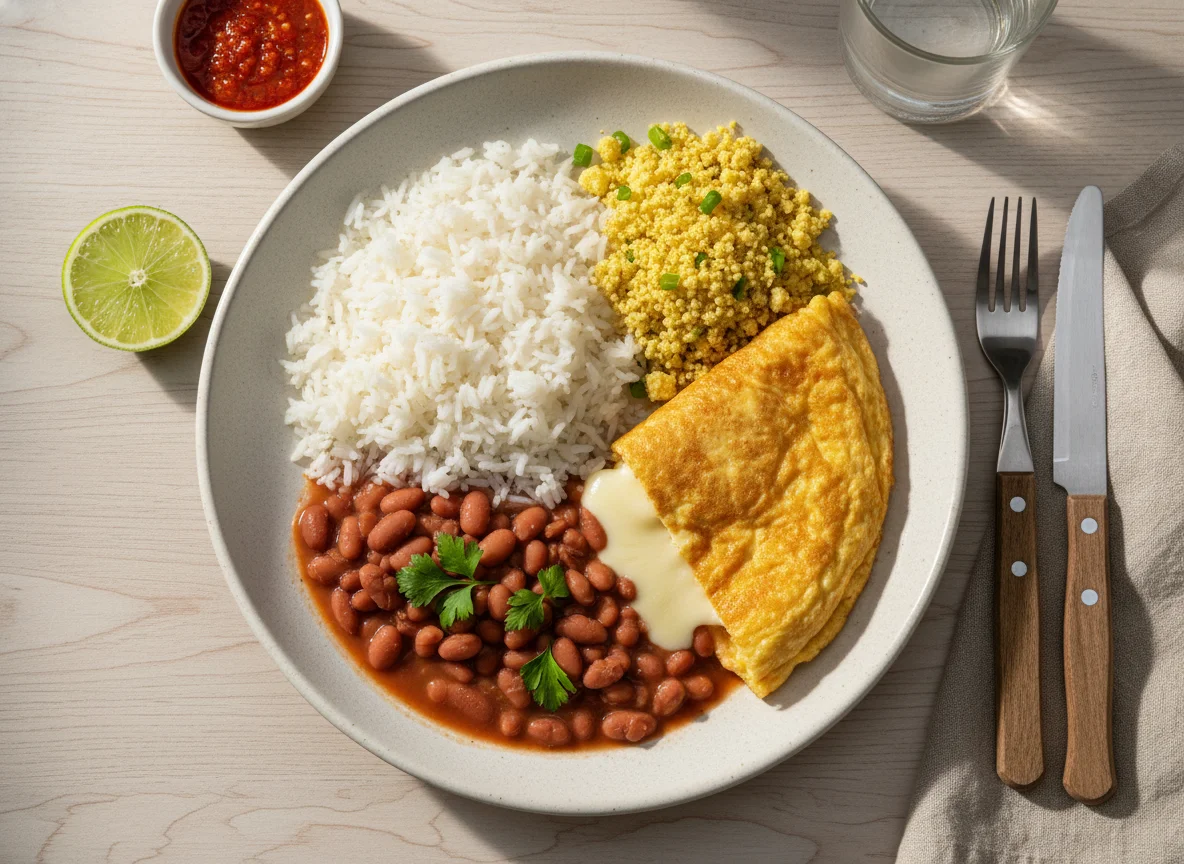 Prato feito com omelete, arroz, feijão e farofa photo