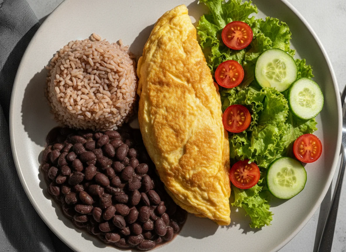 Prato Feito com Omelete, Arroz Integral, Feijão e Salada photo