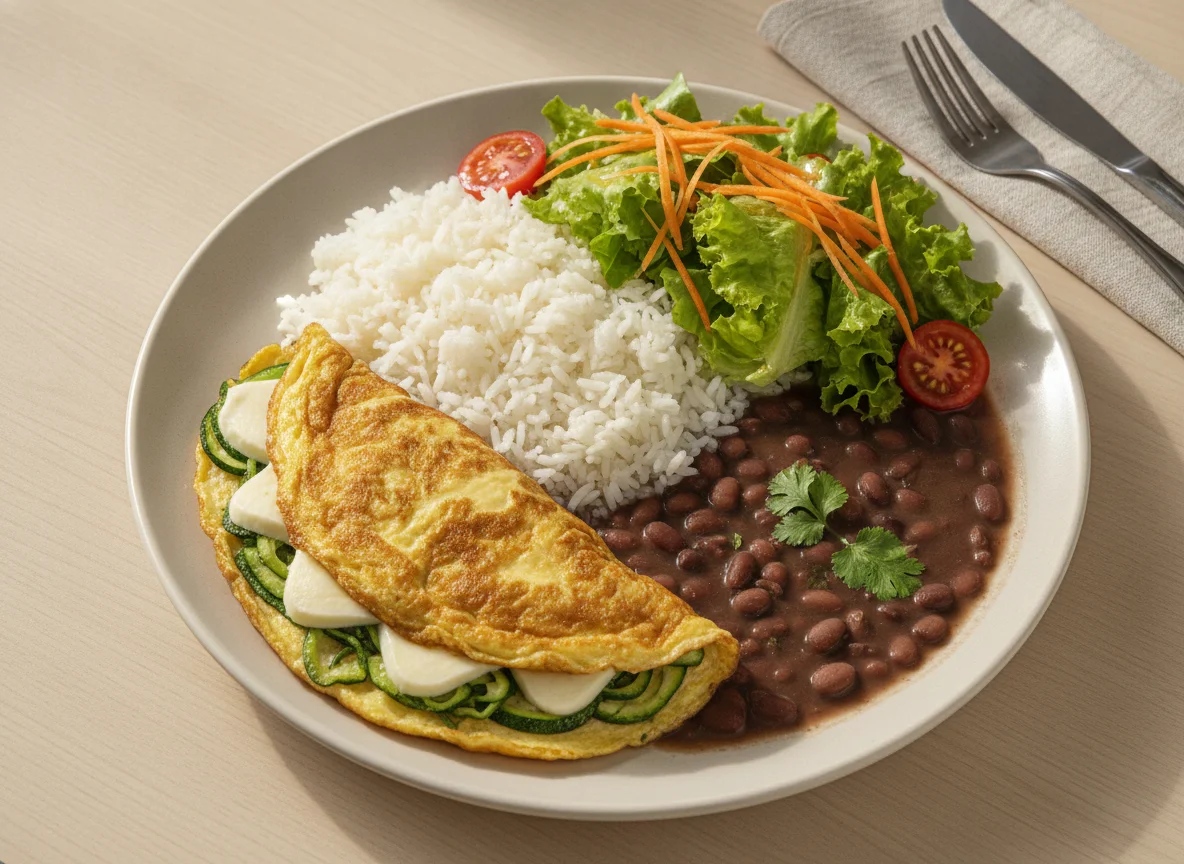 Prato feito com omelete de abobrinha, arroz, feijão e salada photo