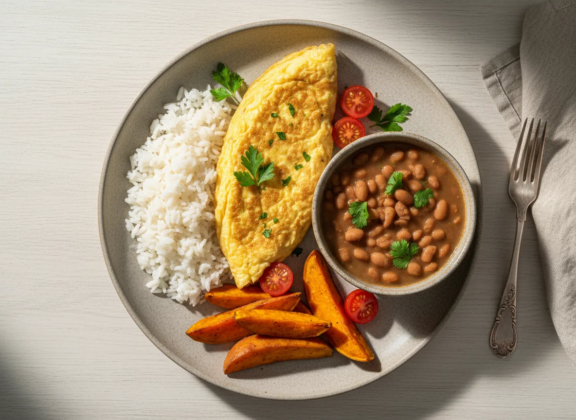 Prato Feito com Omelete, Feijão, Arroz e Batata Doce photo