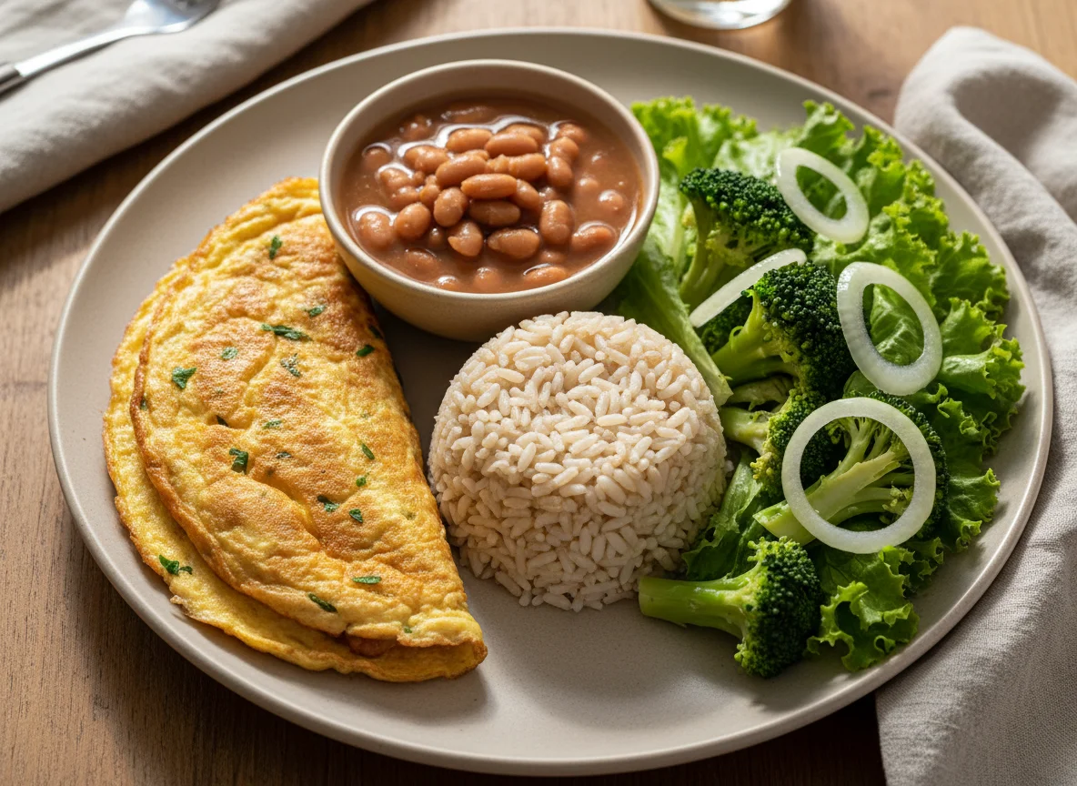 Prato feito com omelete, feijão, arroz integral e salada photo
