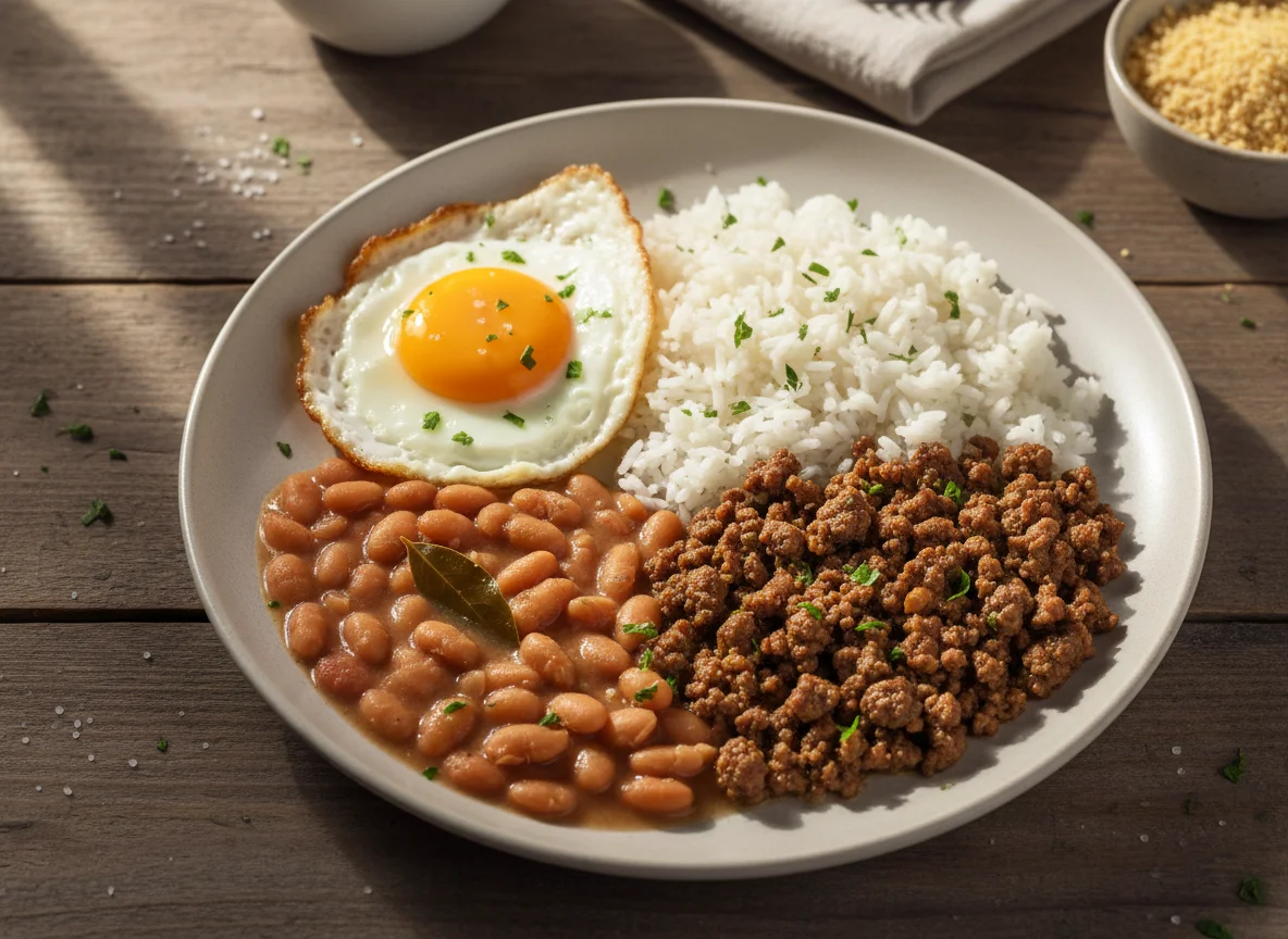 Prato feito com ovo, arroz, carne moída e feijão photo