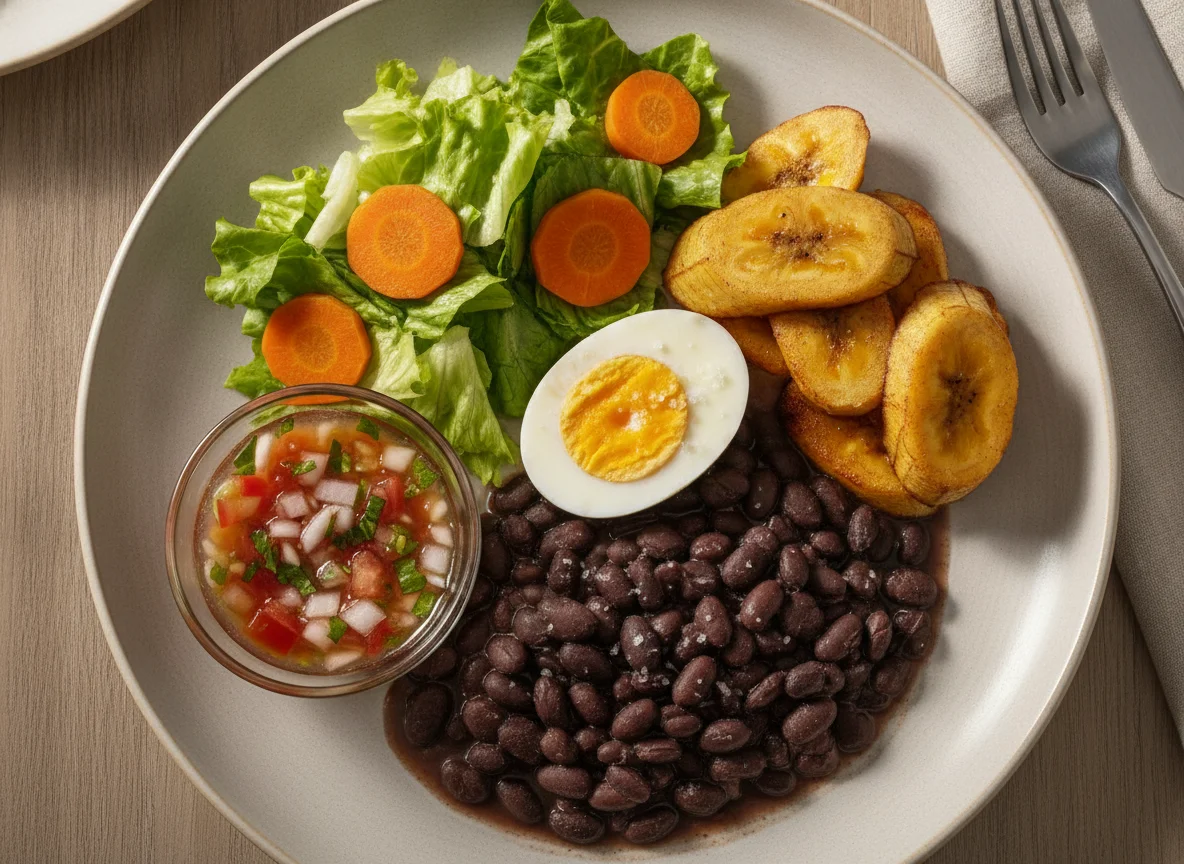 Prato feito com ovo, feijão, salada e acompanhamentos photo