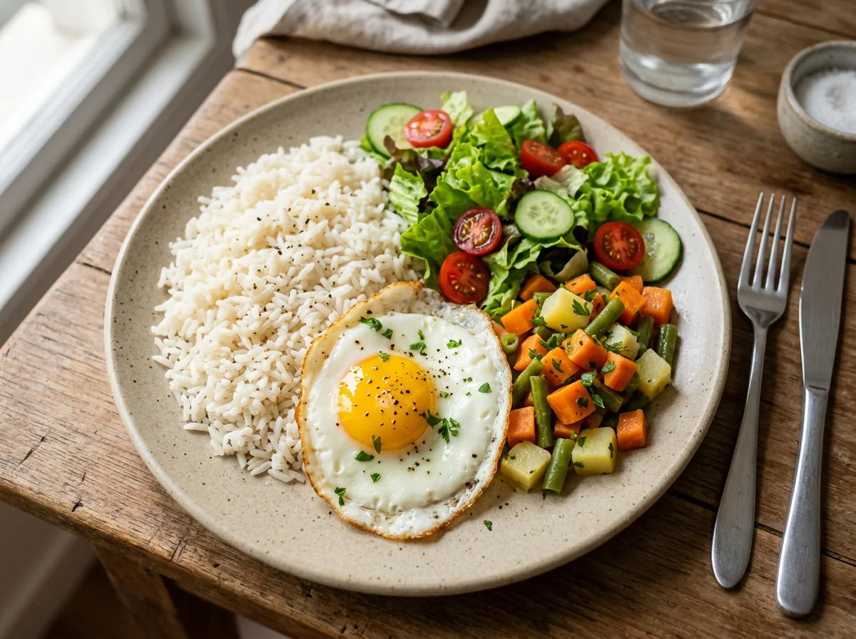 Prato feito com ovo frito, arroz e salada photo