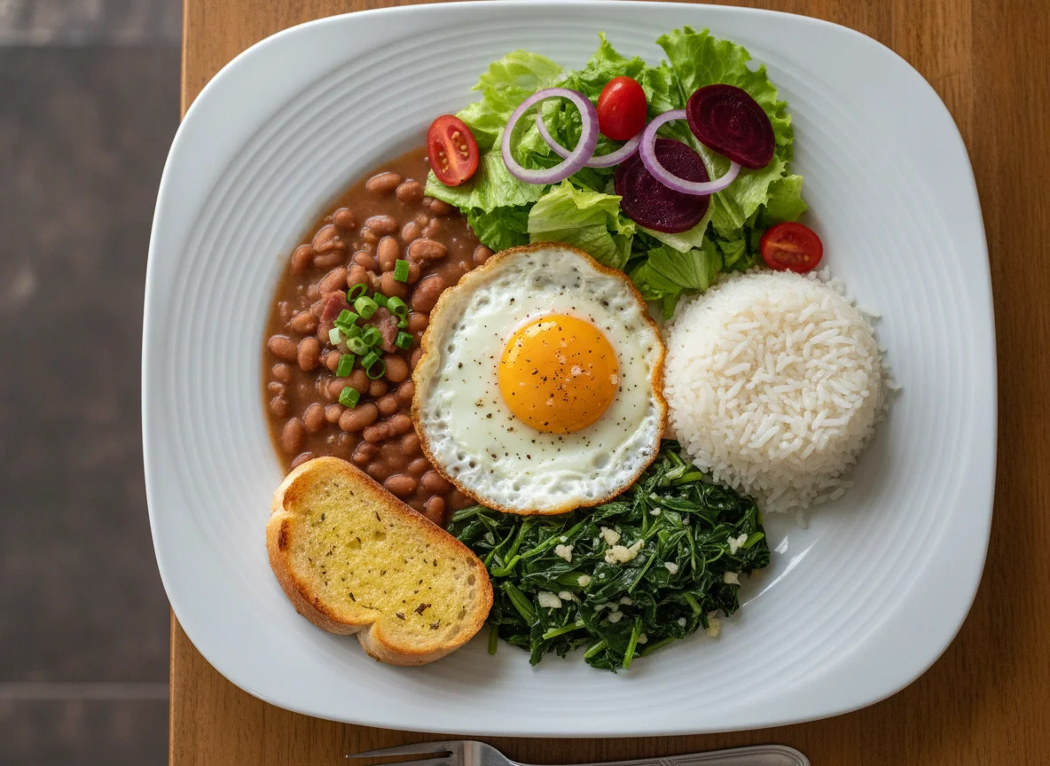 Prato feito com ovo frito, arroz, feijão e salada photo
