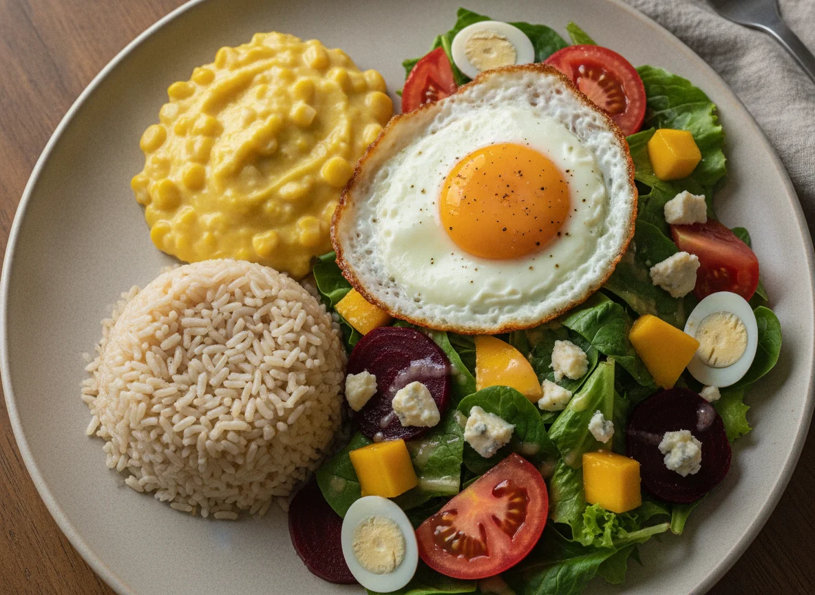 Prato feito com ovo frito, arroz integral, creme de milho e salada photo