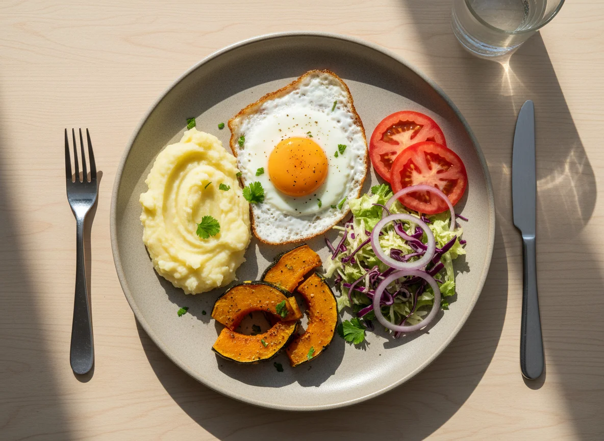 Prato feito com ovo, purê, abóbora e salada photo