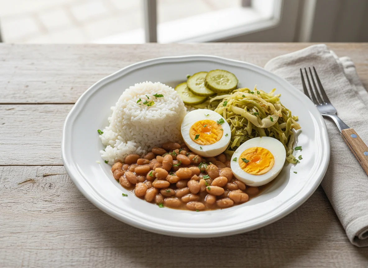 Prato feito com ovos, arroz, feijão e vegetais photo