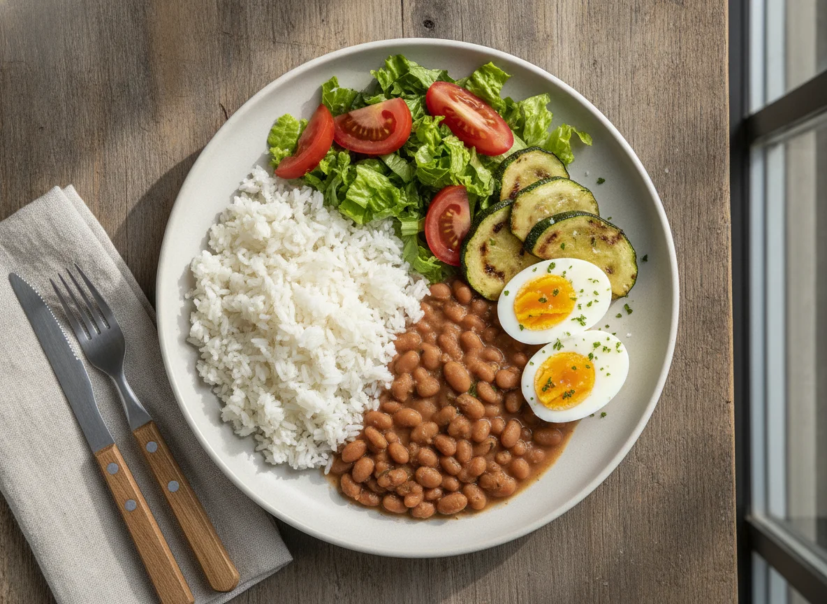 Prato feito com ovos cozidos, arroz, feijão e salada photo
