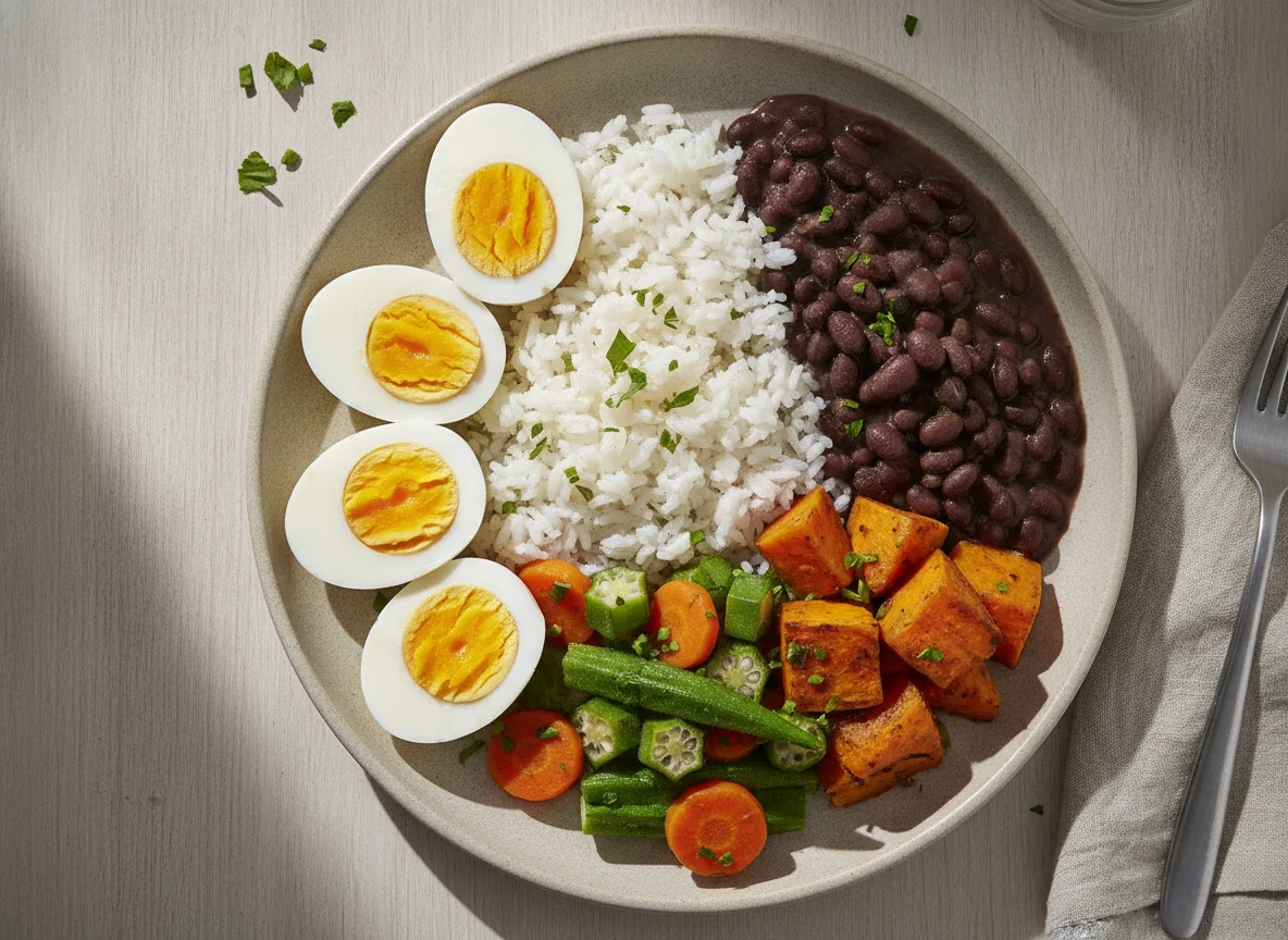 Prato feito com ovos cozidos, arroz, feijão preto e legumes photo