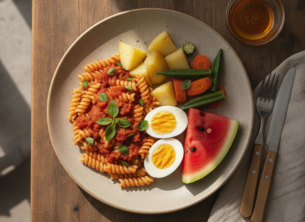 Prato feito com ovos cozidos, macarrão, batatas e melancia photo