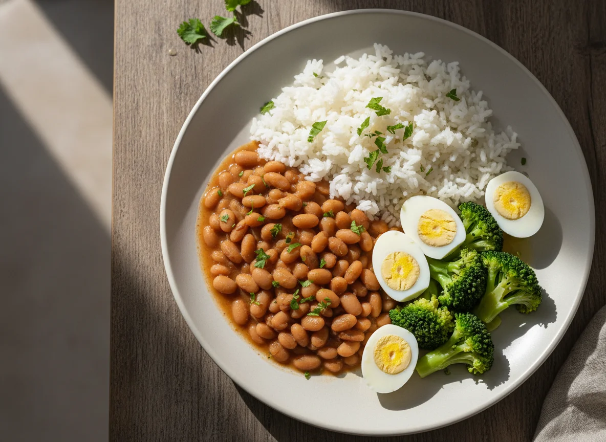 Prato feito com ovos de codorna, arroz, feijão e brócolis photo