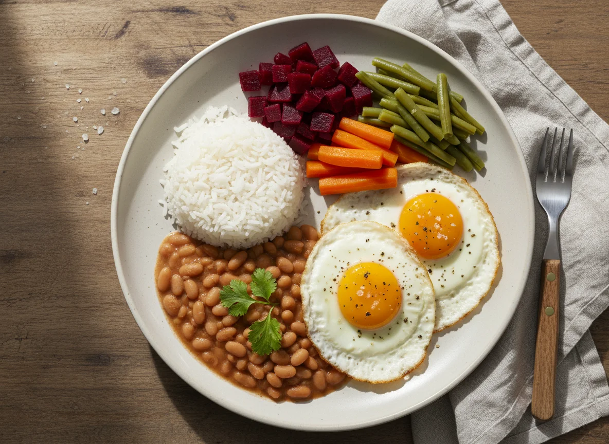 Prato feito com ovos, feijão e vegetais photo