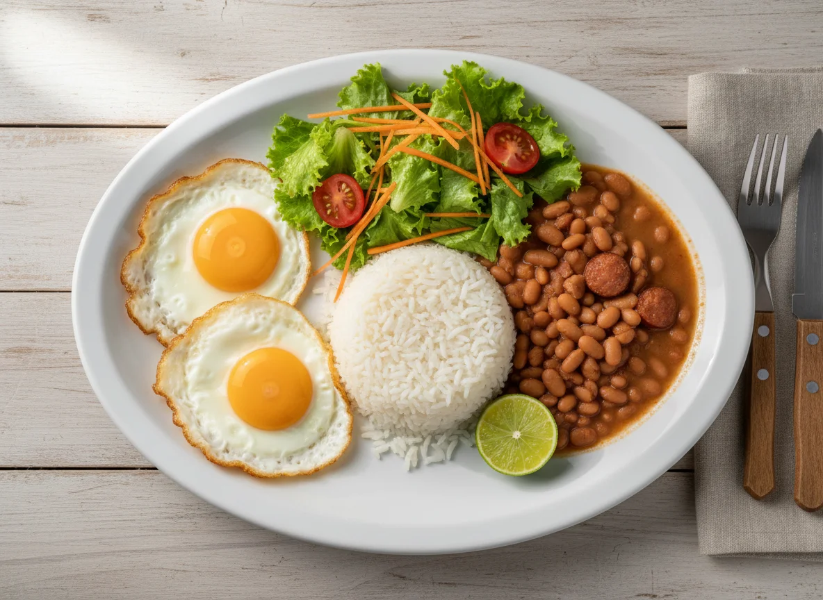 Prato feito com ovos fritos, arroz, feijão e salada photo
