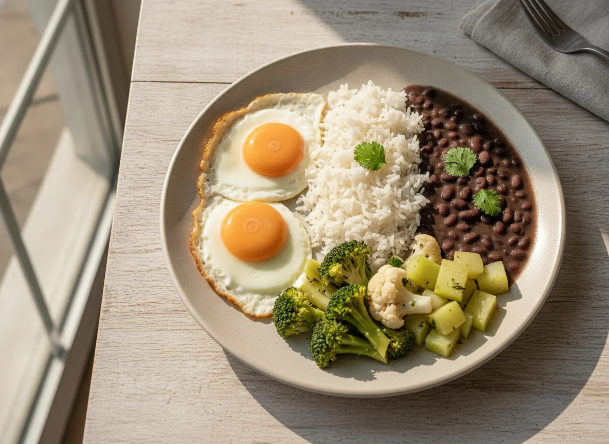 Prato feito com ovos fritos, arroz, feijão e vegetais photo