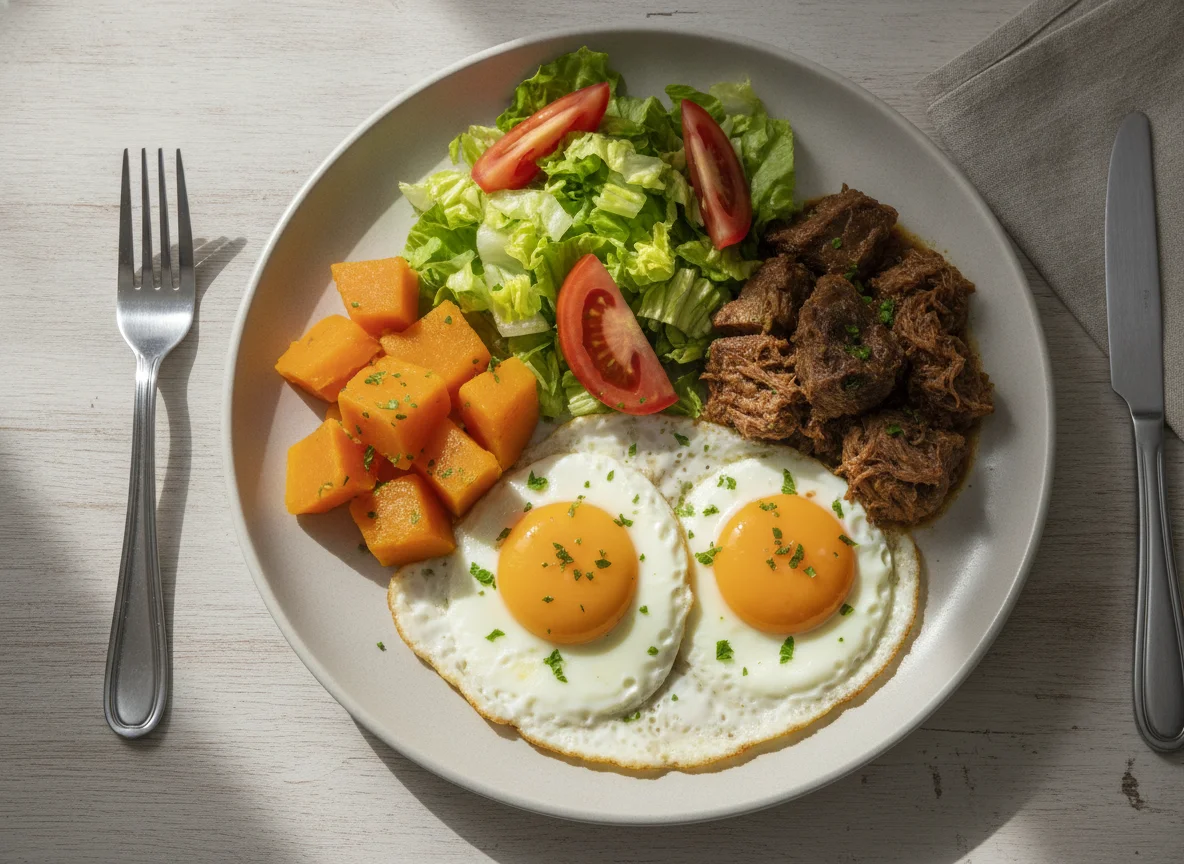 Prato feito com ovos fritos, carne cozida, abóbora e salada photo