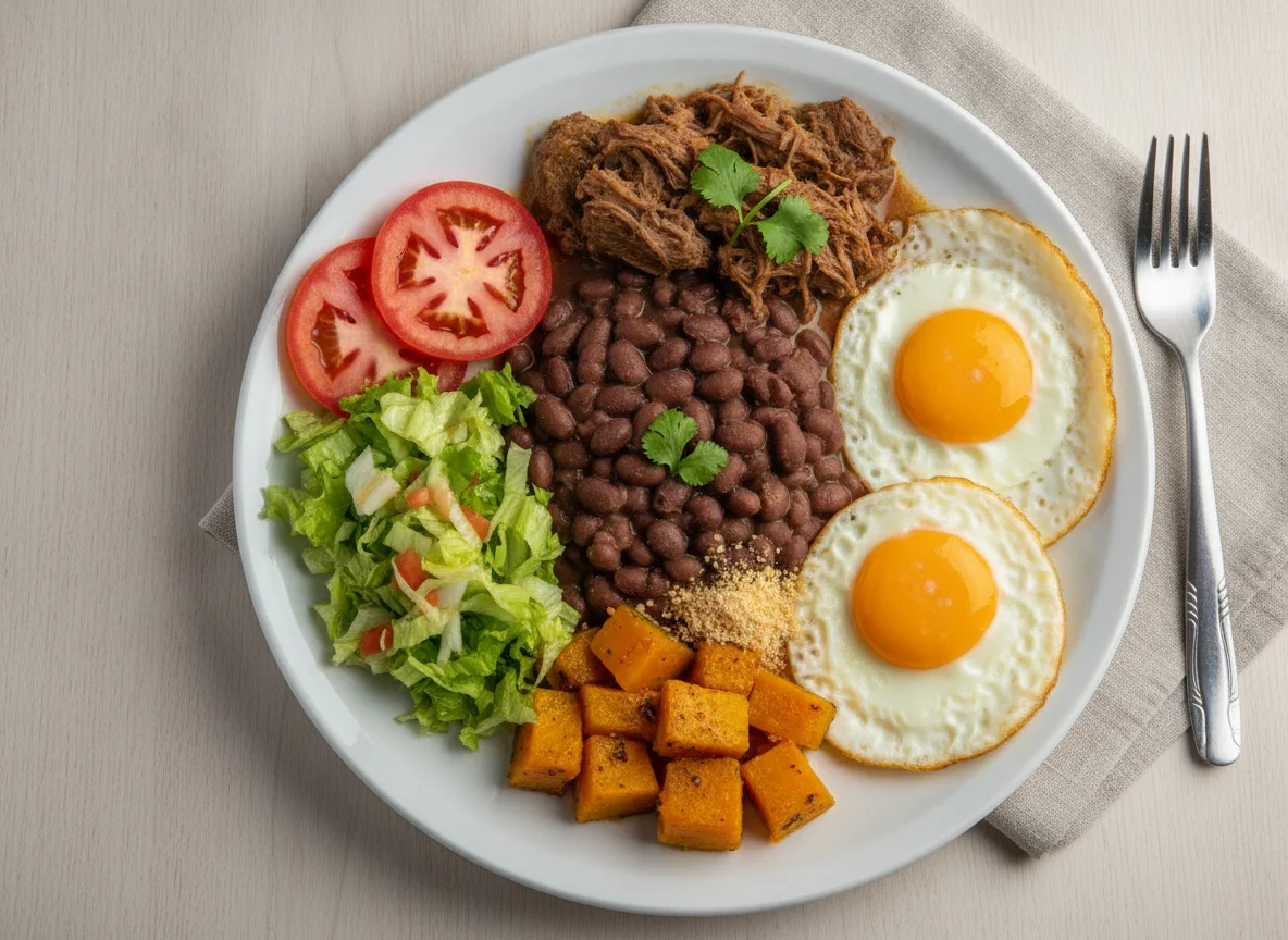 Prato feito com ovos fritos, carne cozida, feijão, abóbora e salada photo