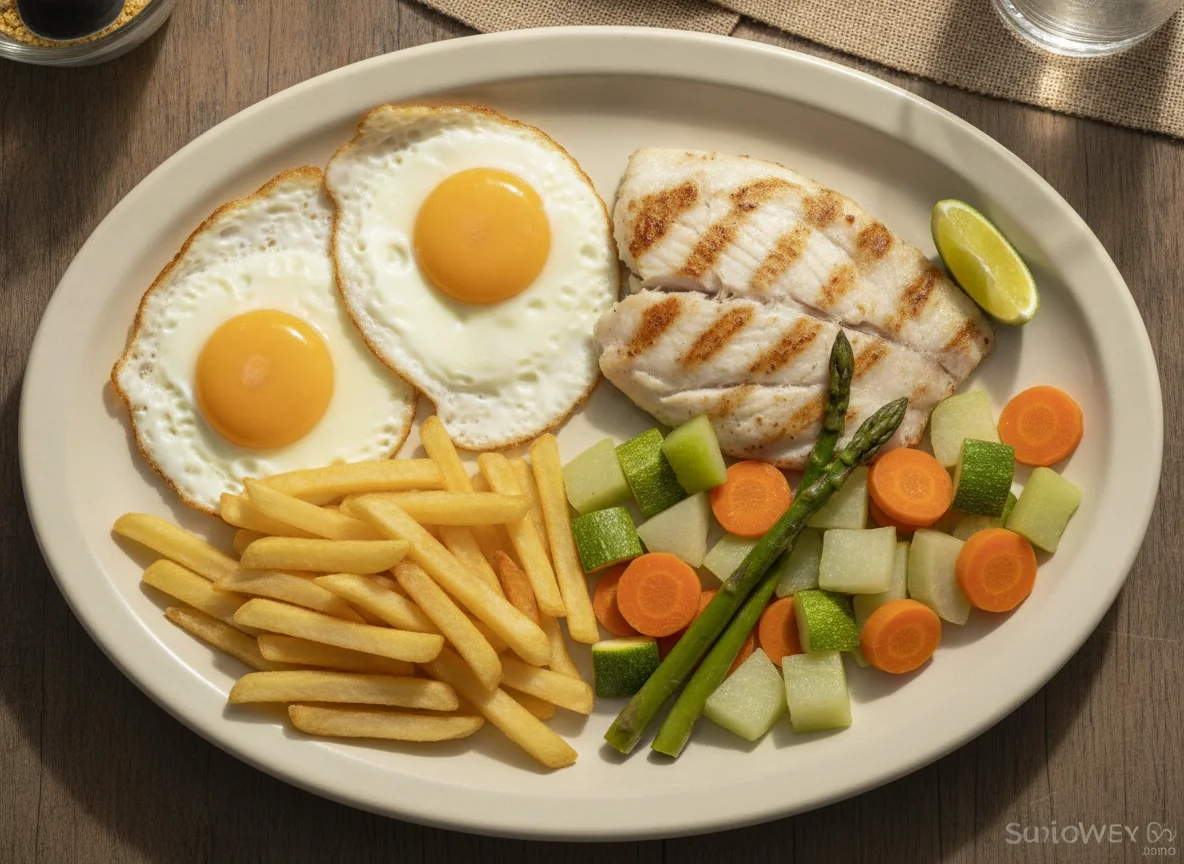 Prato feito com ovos fritos, peixe grelhado, batatas fritas e legumes photo