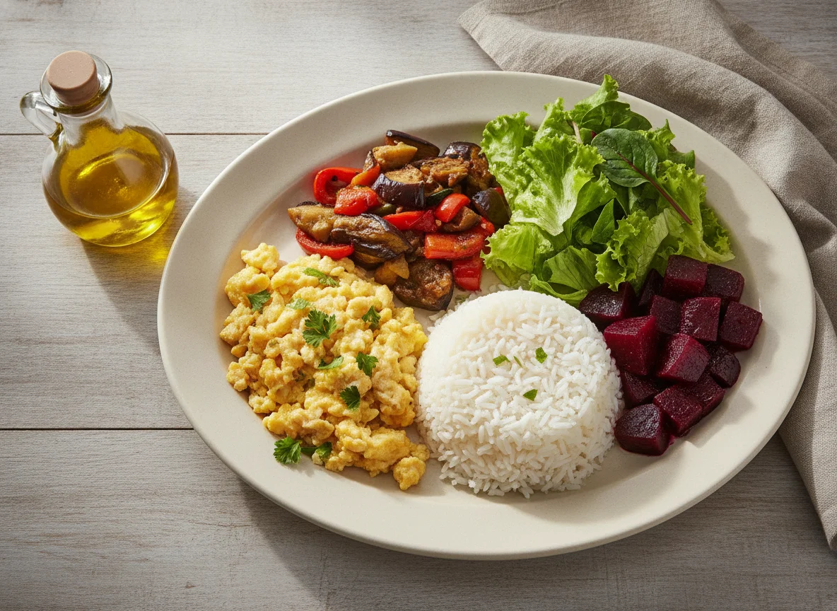 Prato feito com ovos mexidos, arroz, beterraba e salada photo