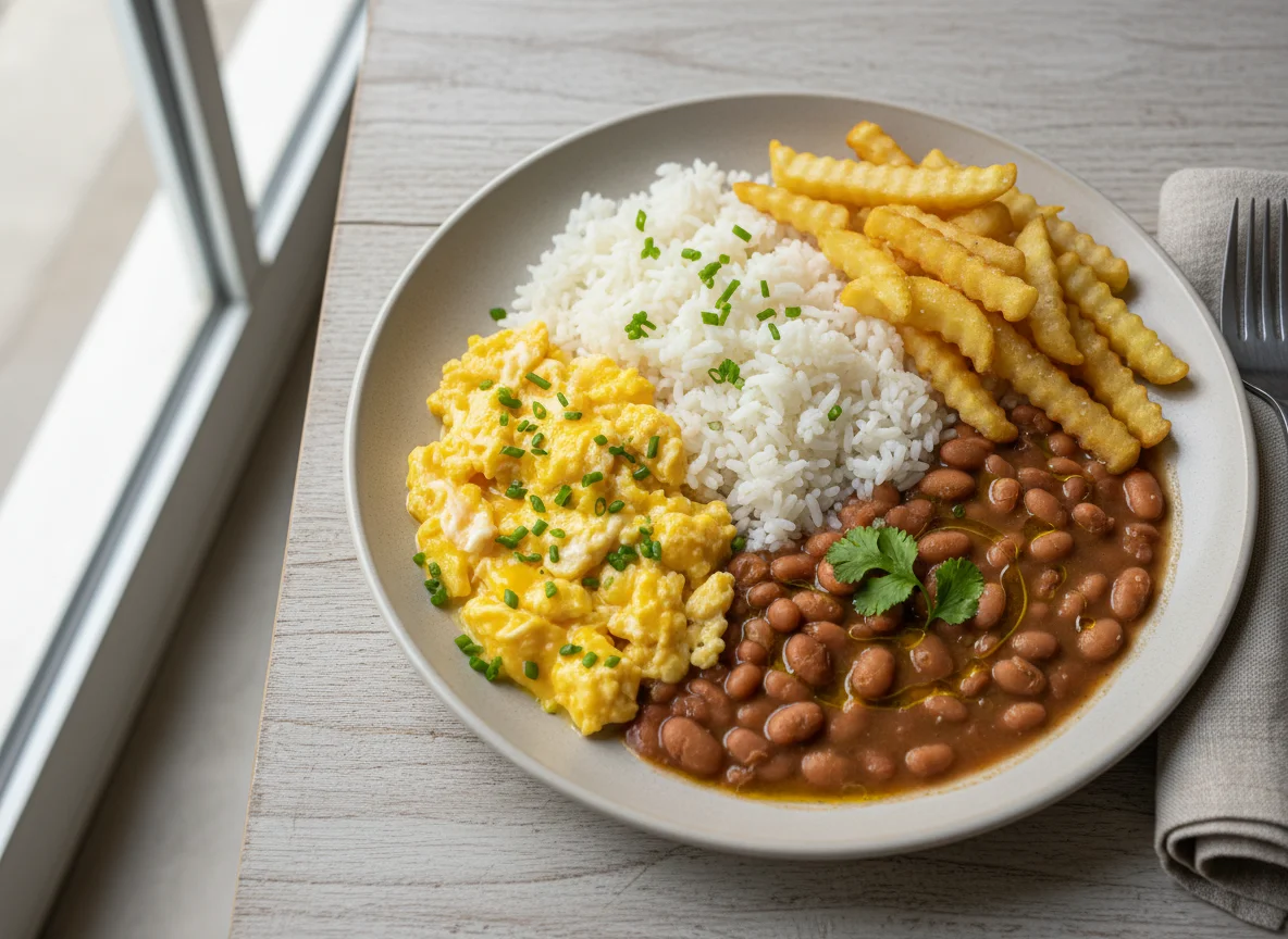 Prato feito com ovos mexidos, feijão, arroz e batata frita photo