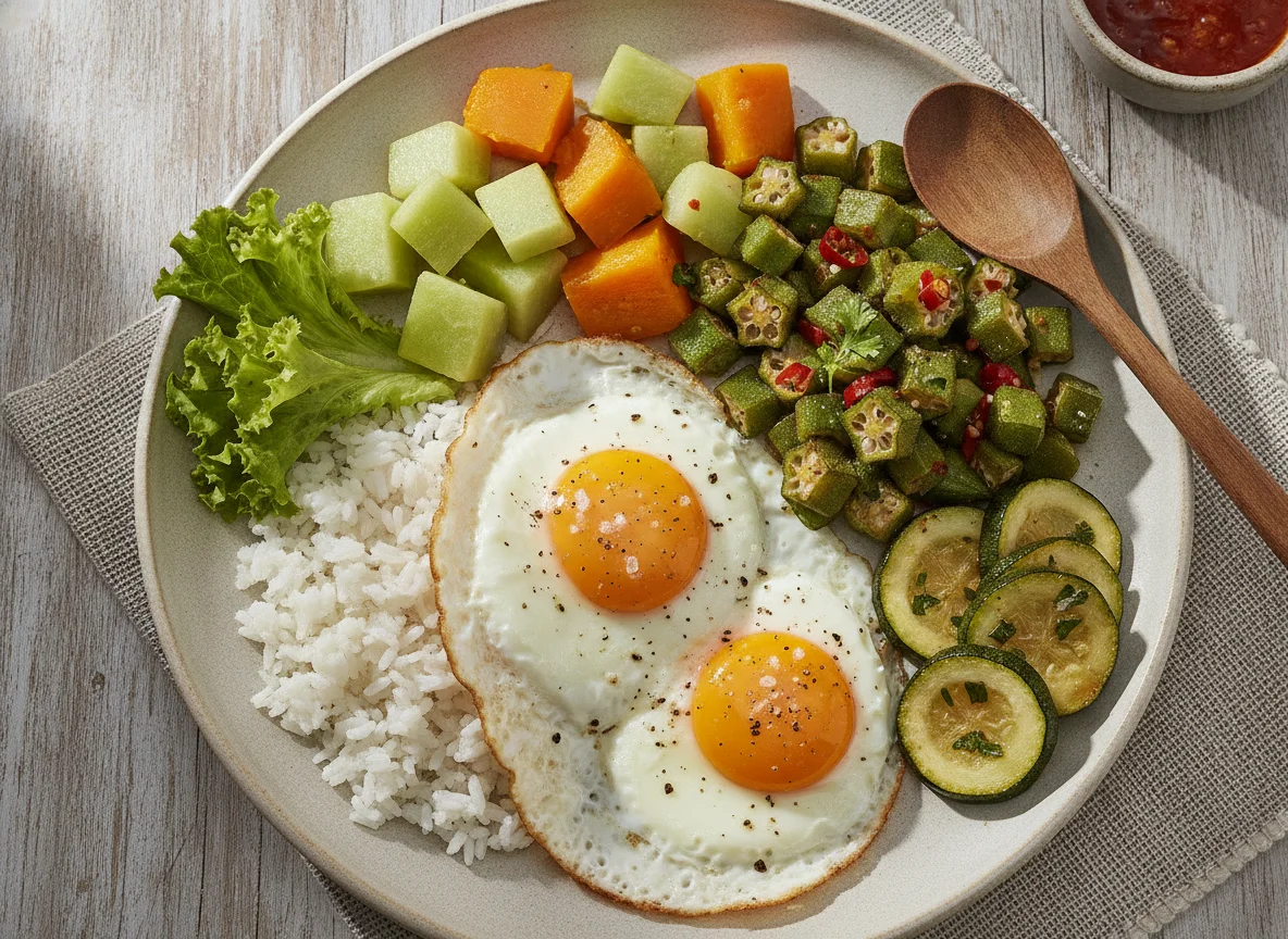 Prato feito com ovos, quiabo e legumes photo