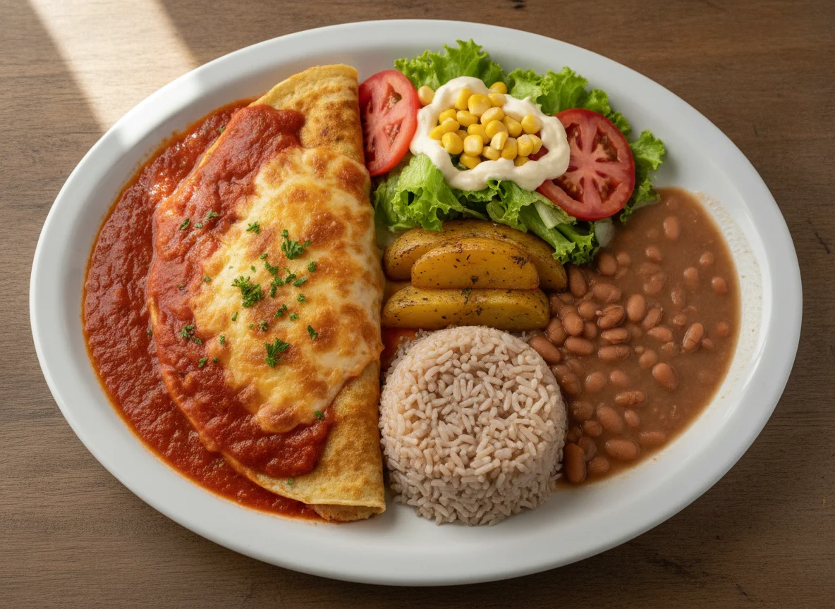 Prato feito com panqueca, arroz, feijão e salada photo