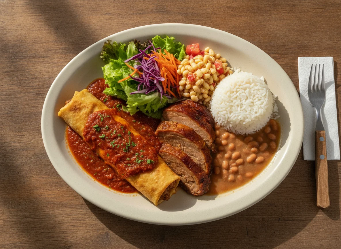 Prato Feito com Panqueca, Carne Assada, Arroz, Feijão e Salada photo