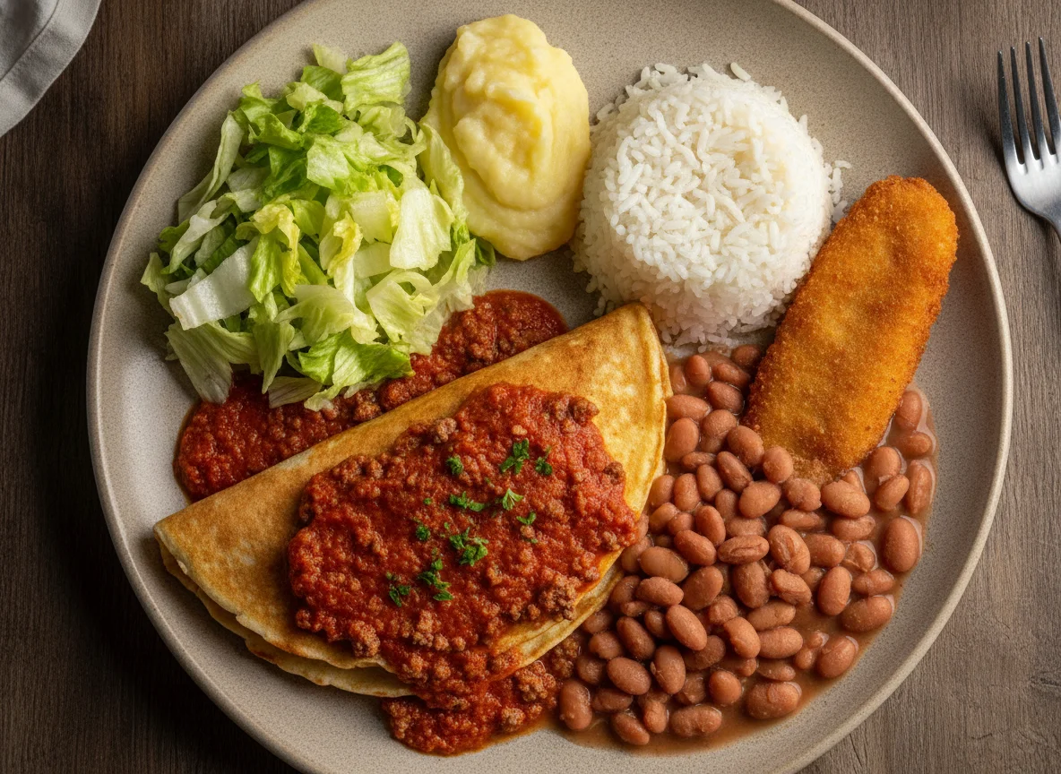 Prato Feito com Panqueca de Carne, Arroz, Feijão e Salada photo
