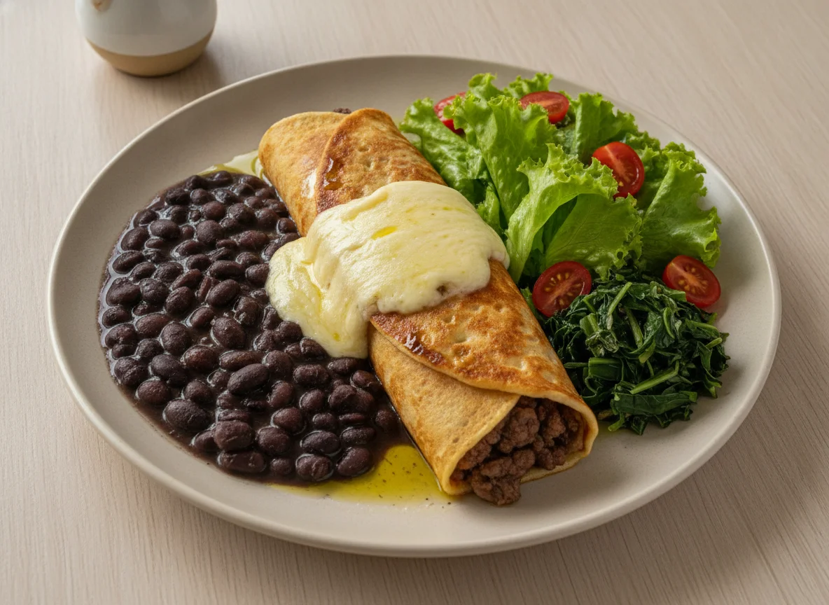 Prato feito com panqueca de carne, feijão preto e salada photo