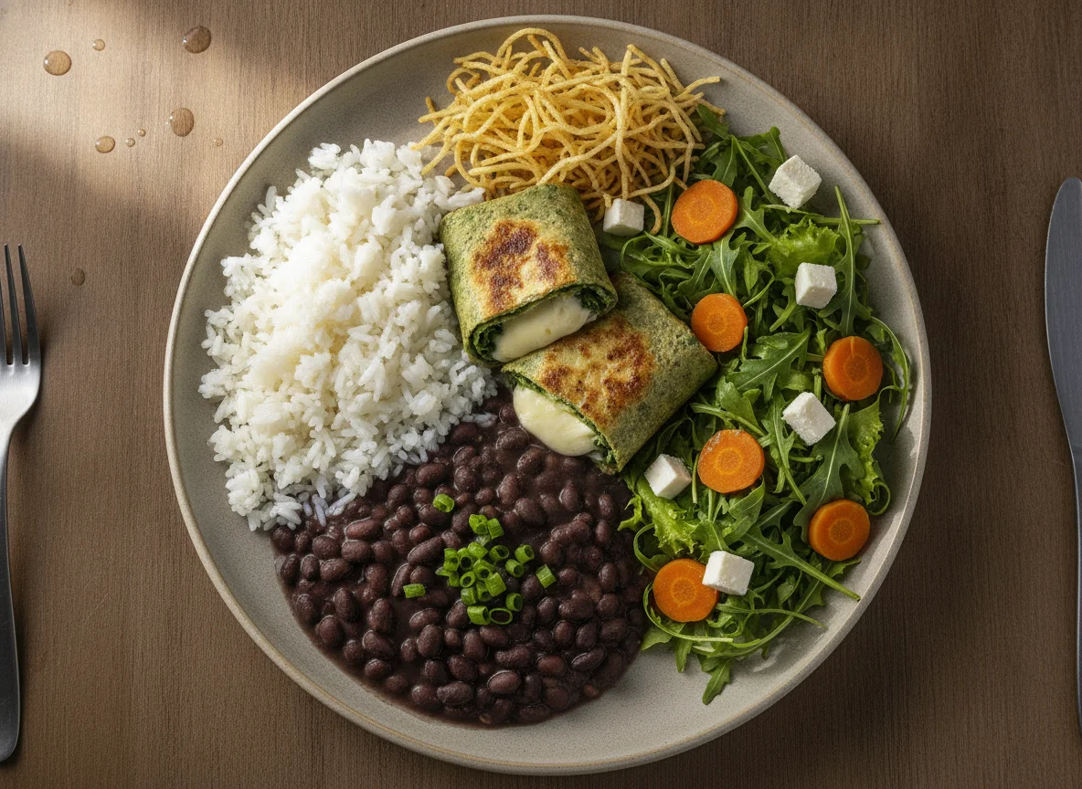 Prato Feito com Panqueca de Espinafre, Arroz, Feijão e Salada photo