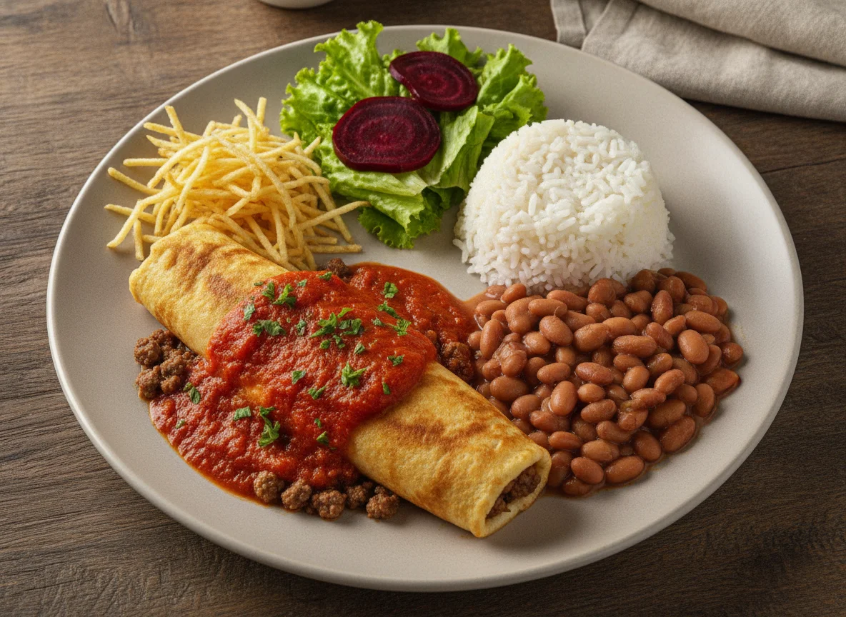 Prato Feito com Panquecas de Carne, Arroz, Feijão e Salada photo