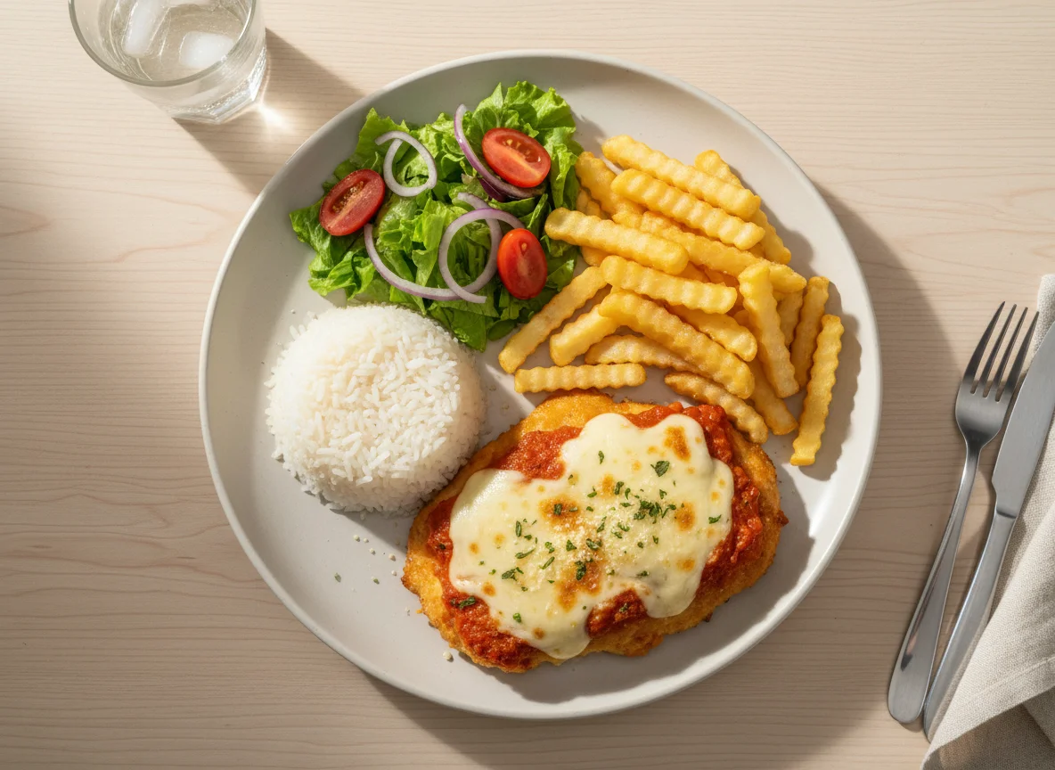 Prato feito com parmegiana, arroz, batata frita e salada photo