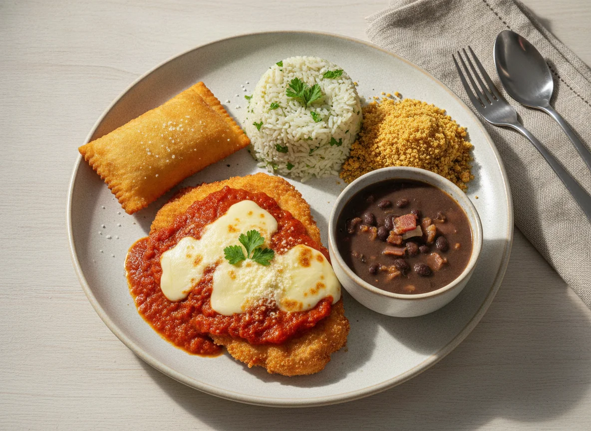 Prato Feito com Pastel, Parmegiana e Farofa photo