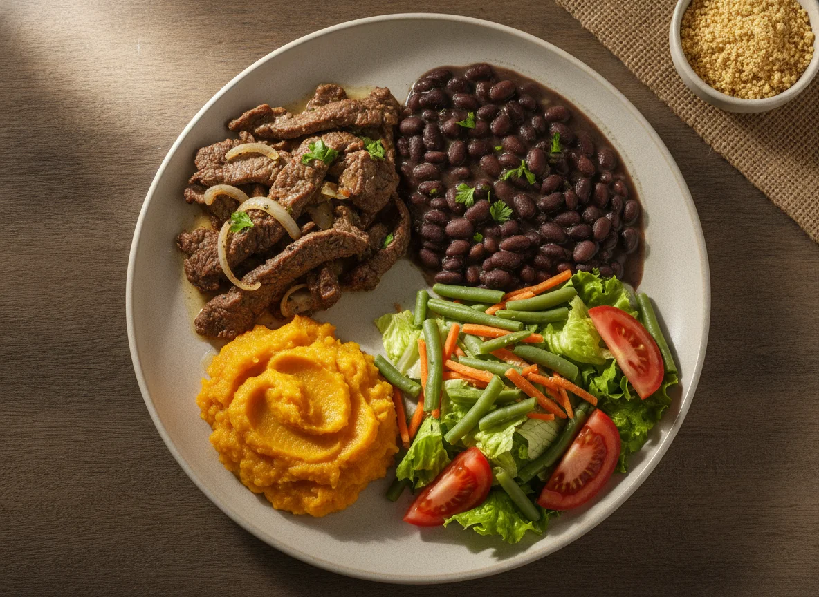 Prato feito com patinho acebolado, feijão, purê de abóbora e salada photo