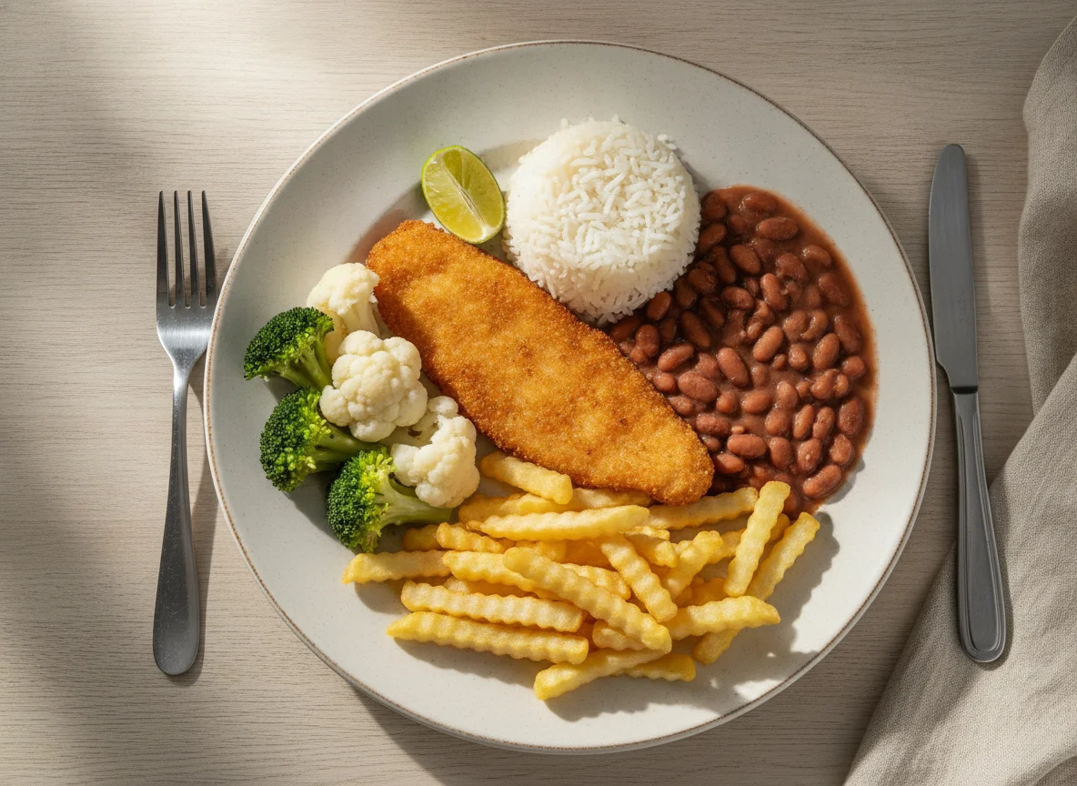 Prato Feito com Peixe à Milanesa, Arroz, Feijão, Batata Frita e Vegetais photo