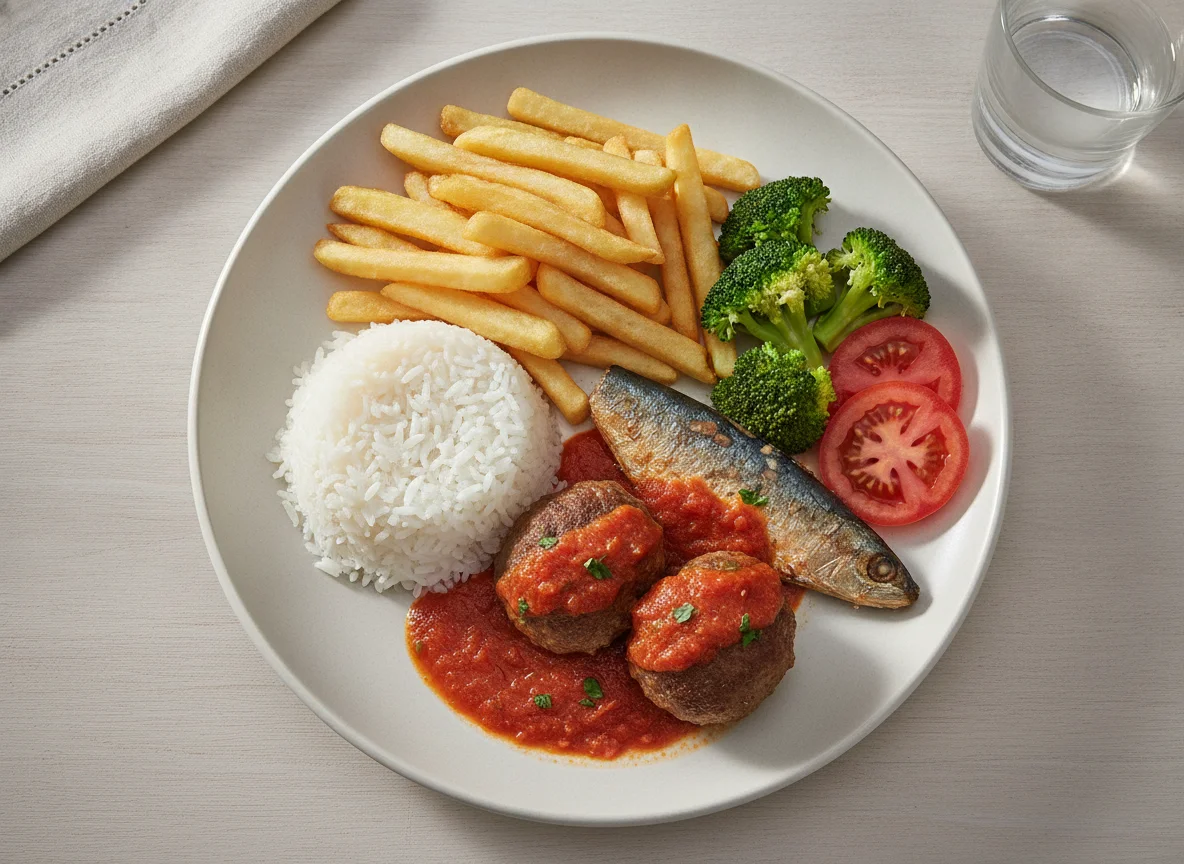 Prato Feito com Peixe, Almôndegas e Batata Frita photo