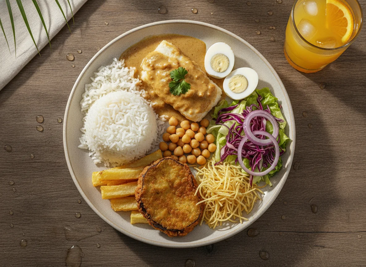 Prato Feito com Peixe ao Molho, Arroz e Saladas photo