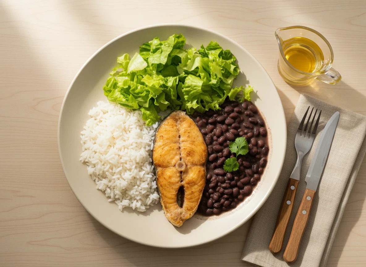 Prato feito com peixe, arroz, feijão e alface photo