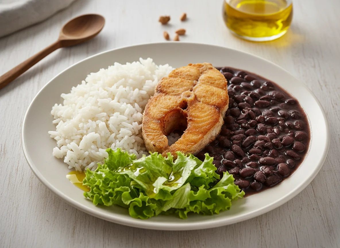 Prato Feito com Peixe, Arroz, Feijão e Salada photo