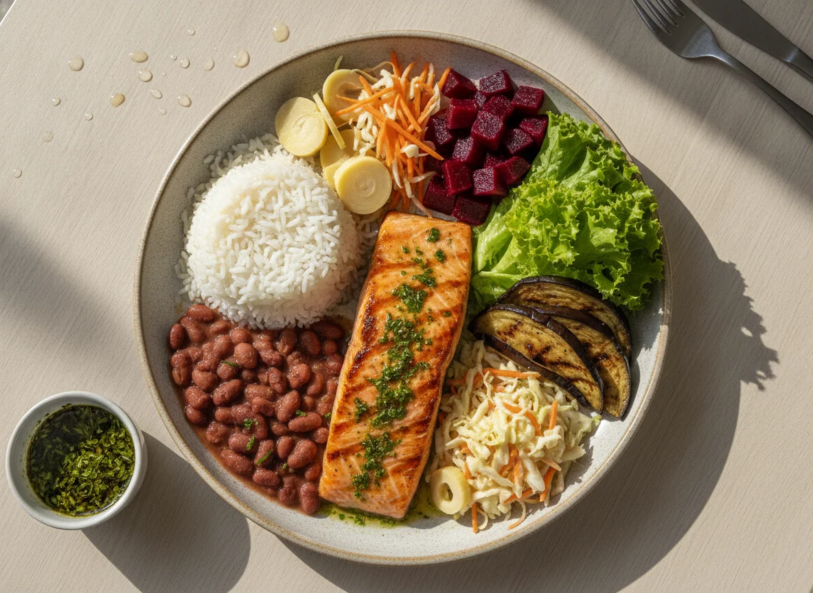 Prato Feito com Peixe, Arroz, Feijão e Saladas photo