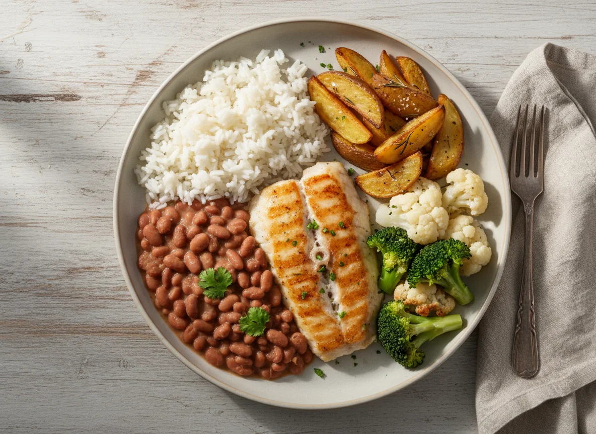 Prato feito com peixe, arroz, feijão e vegetais photo