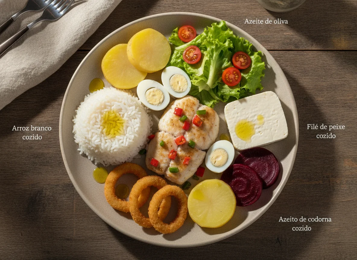 Prato Feito com Peixe, Arroz, Queijo e Salada photo