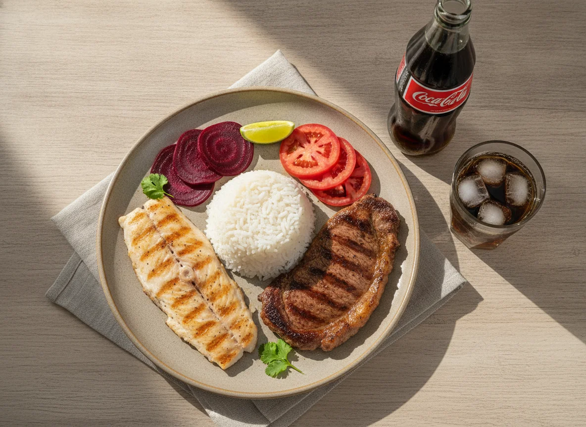 Prato Feito com Peixe, Carne, Arroz, Beterraba e Tomate photo