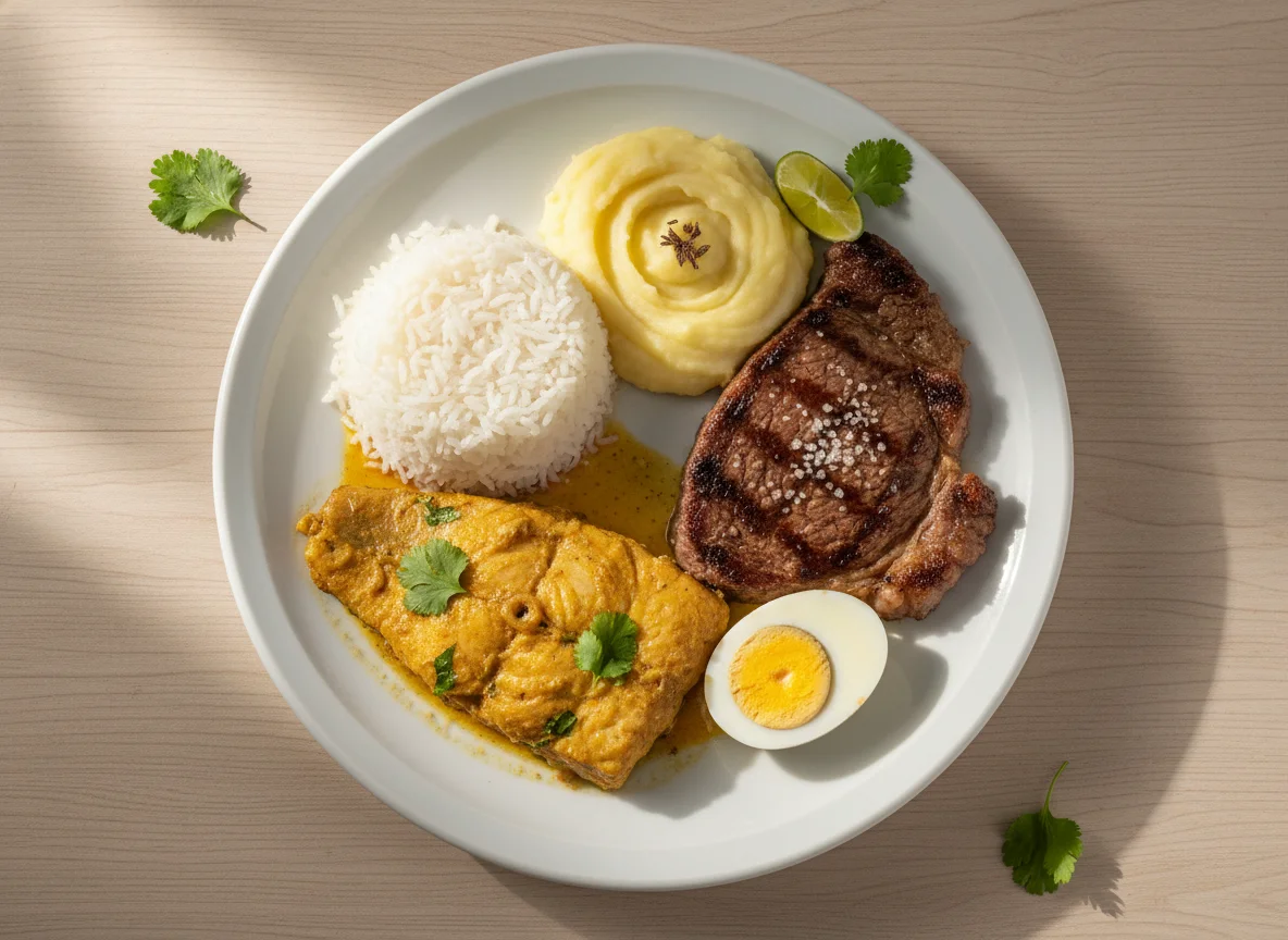 Prato feito com peixe, carne, arroz e purê photo