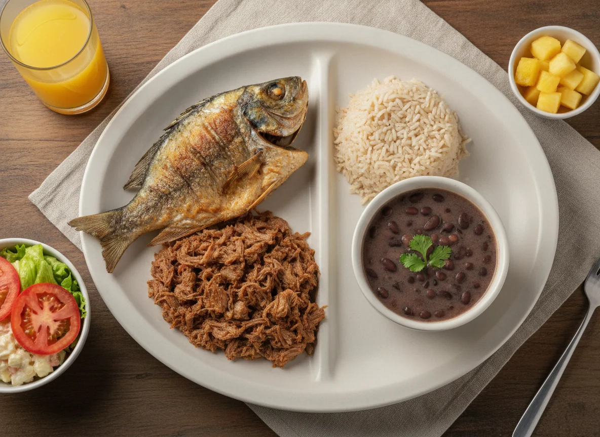 Prato feito com peixe, carne desfiada, arroz, feijão e salada photo