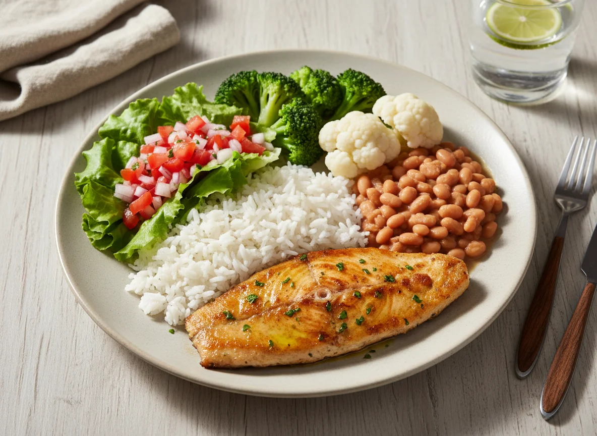 Prato feito com peixe e acompanhamentos photo