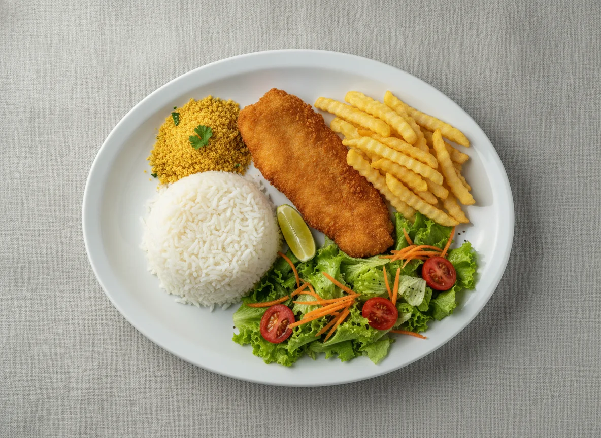 Prato Feito com Peixe Empanado, Arroz, Batata Frita e Salada photo